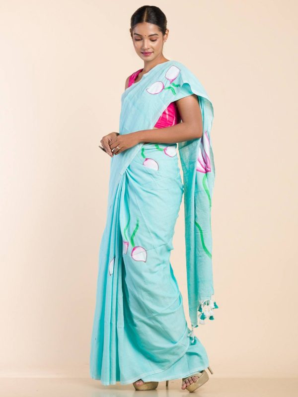 Blue hand-painted khadi cotton saree