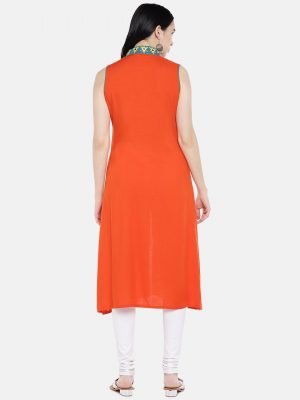 Orange Embroidered Rayon Kurti