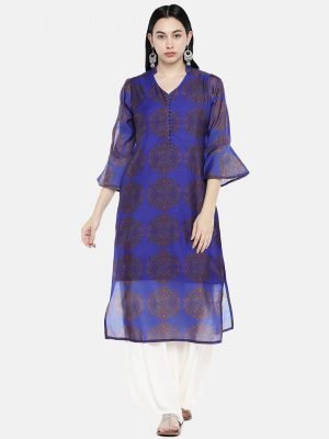 Blue Chanderi Silk Printed Kurti