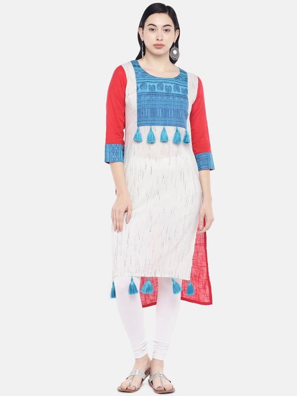 Off White cotton kurti with tassel