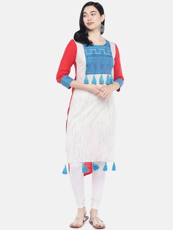 Off White cotton kurti with tassel