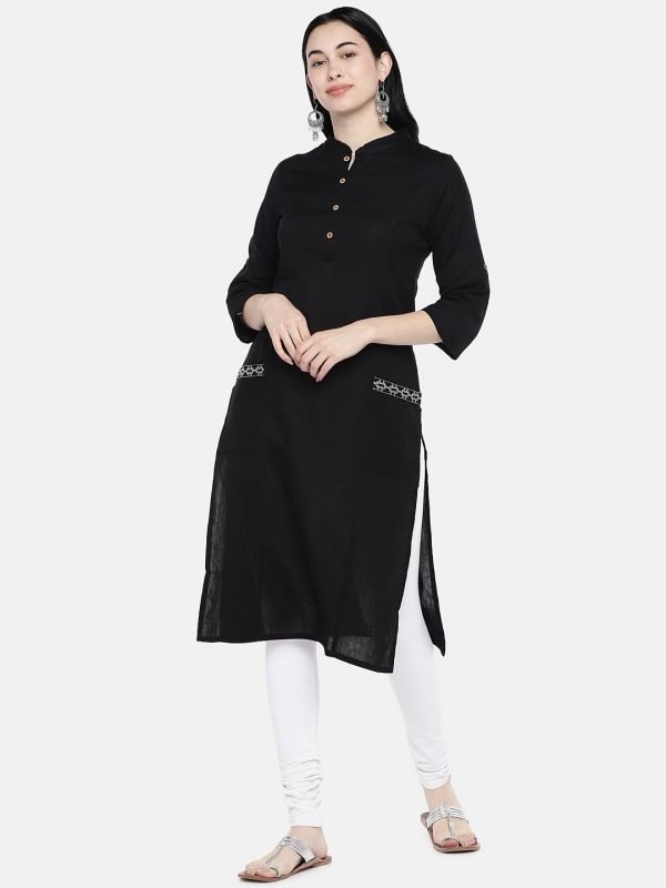 Solid black cotton linen kurti