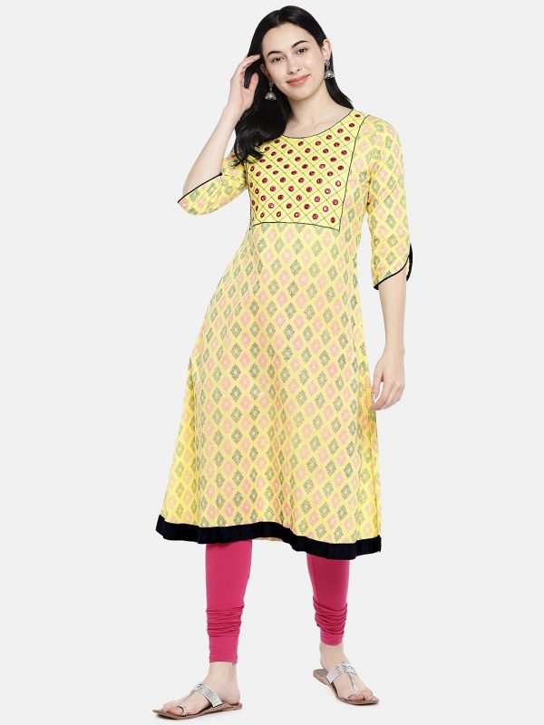 Yellow printed A-line kurti