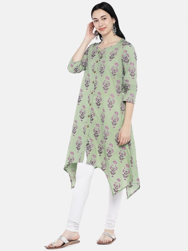 Olive green printed cotton kurta