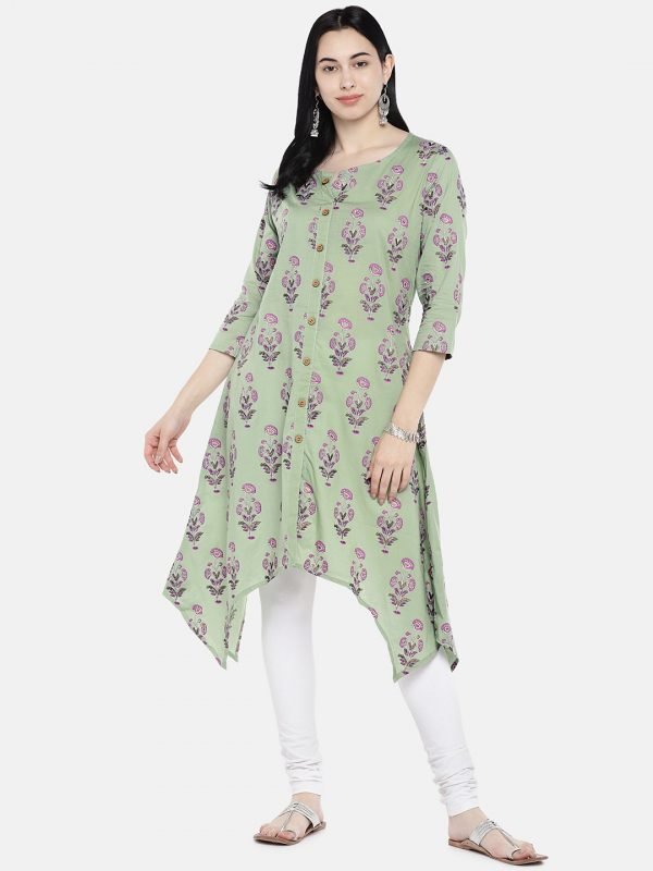 Olive green printed cotton kurta