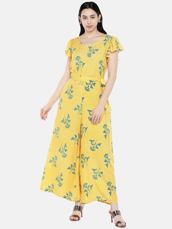 Yellow rayon printed jumpsuite