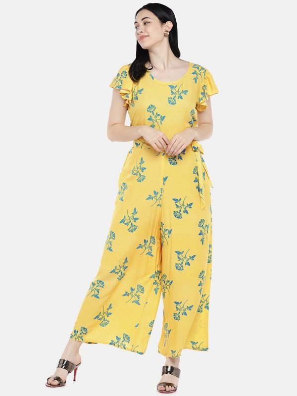 Yellow rayon printed jumpsuite