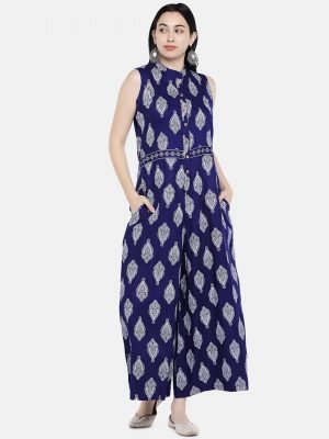 Blue Jacquard Printed Jumpsuit