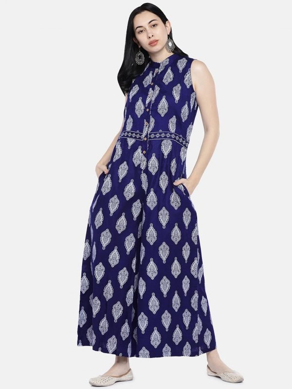 Blue cotton printed jumpsuit