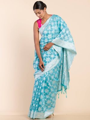 Blue Floral Chanderi Silk Saree