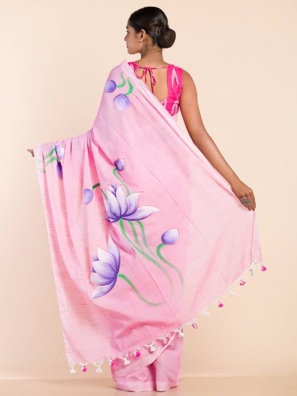 Pink hand-painted khadi cotton saree