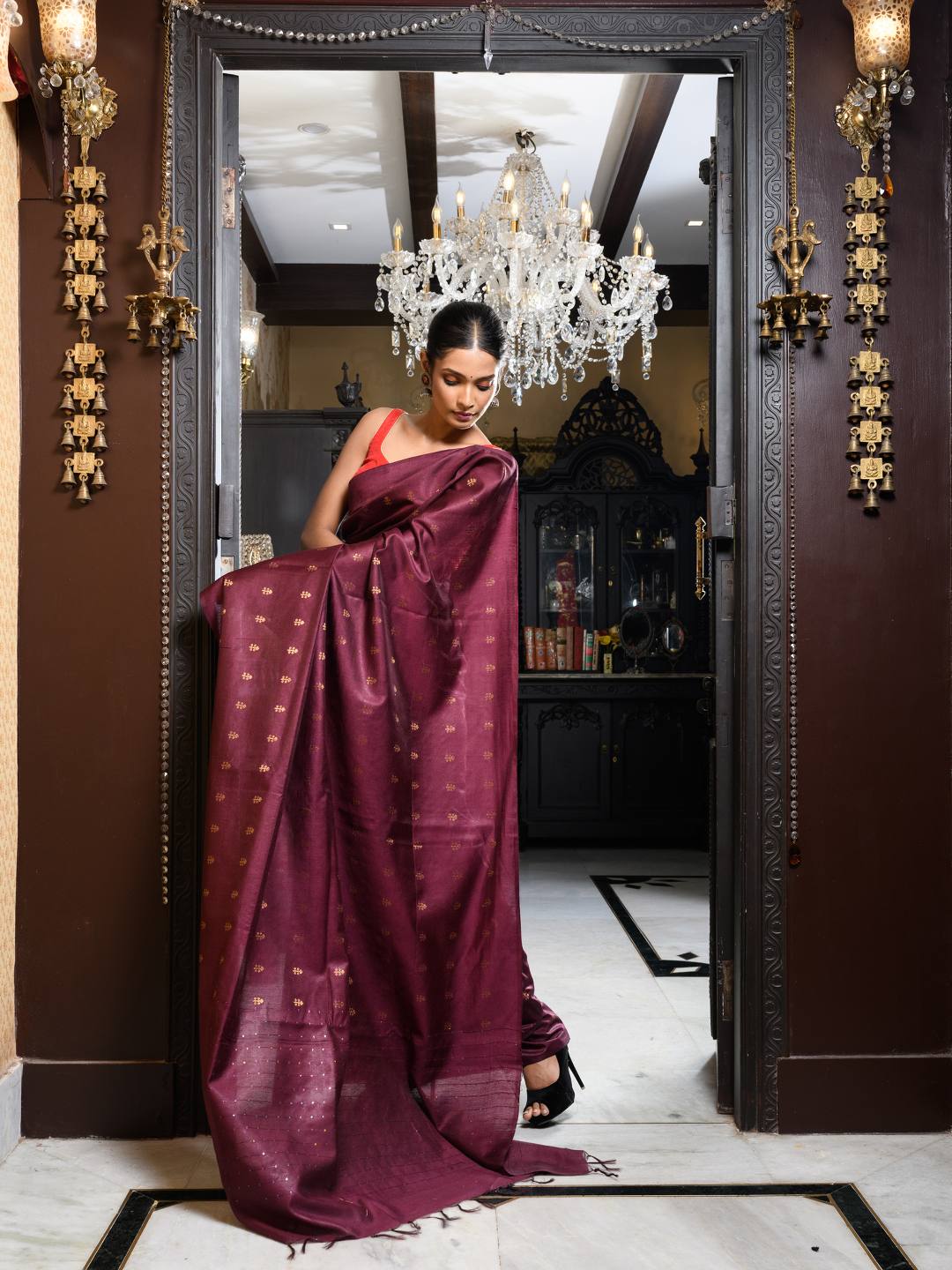 Outstanding Wine Soft Banarasi Silk Saree With Lovely Blouse Piece –  Bonbela India