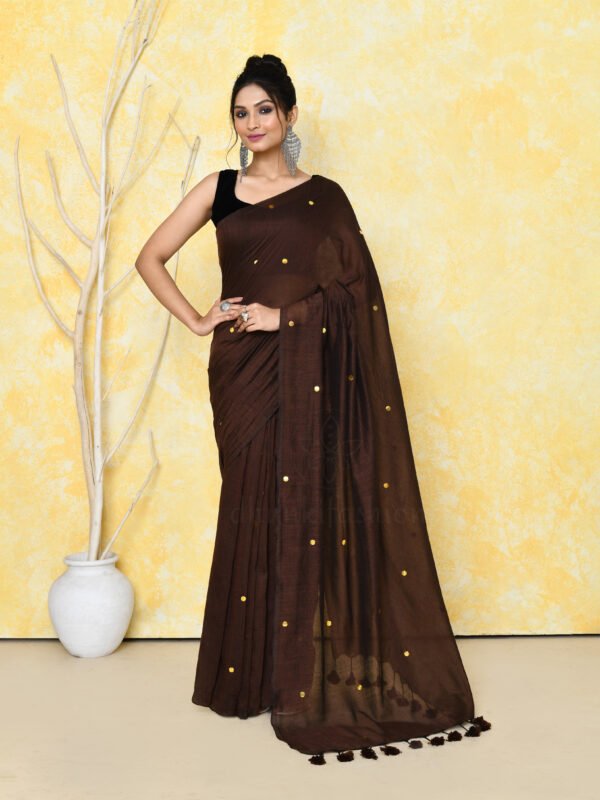 brown sequin cotton saree