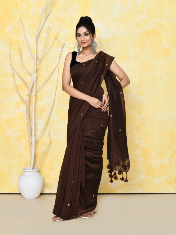 brown sequin cotton saree