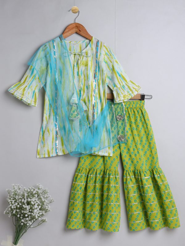 green tie and dye kurta sharara set for girls
