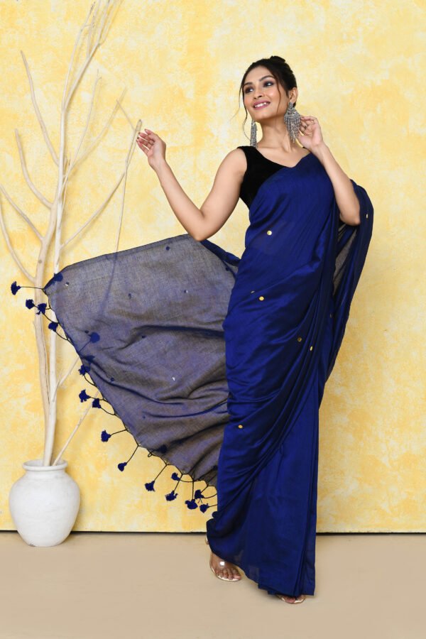 Blue sequin cotton saree