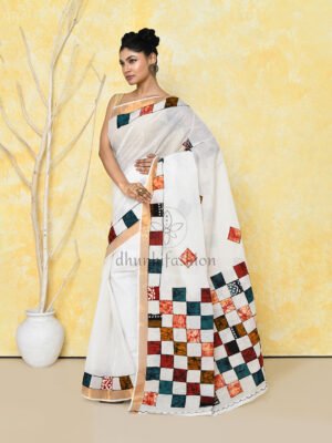 White Applique Cotton Saree