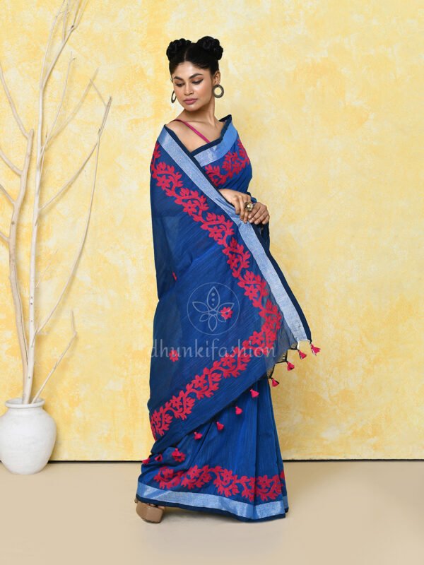 Blue cotton applique work saree