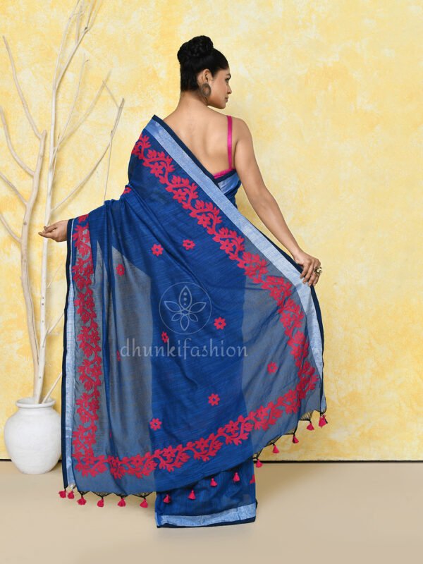 Blue cotton applique work saree