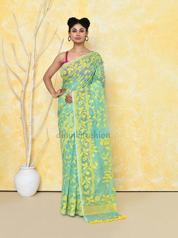 Turquoise cotton jamdani saree