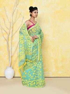Turquoise Jamdani Cotton Saree
