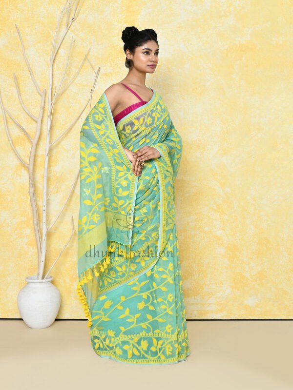 Turquoise cotton jamdani saree