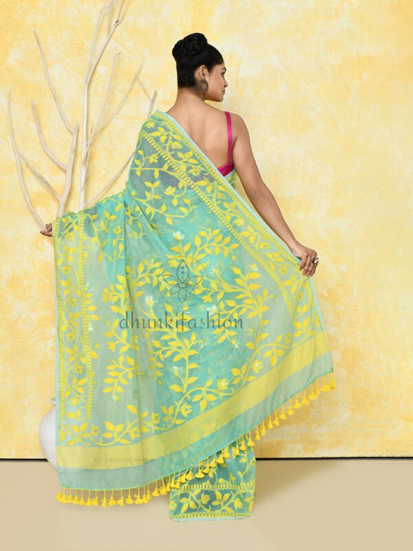 Turquoise cotton jamdani saree