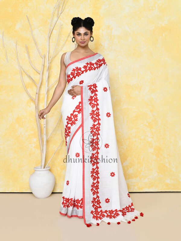 red applique cotton saree