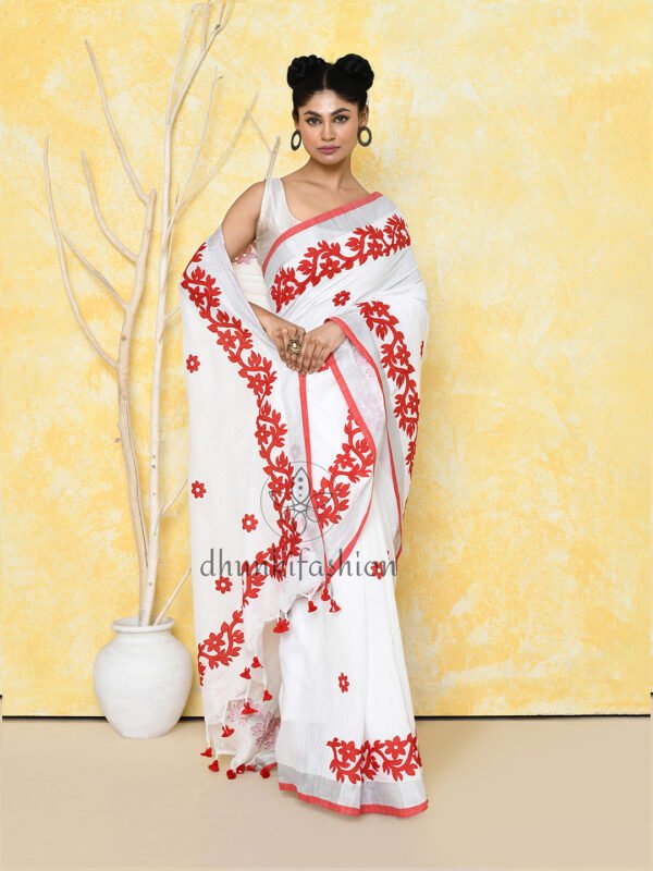 red applique cotton saree