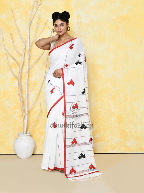 red black applique cotton saree