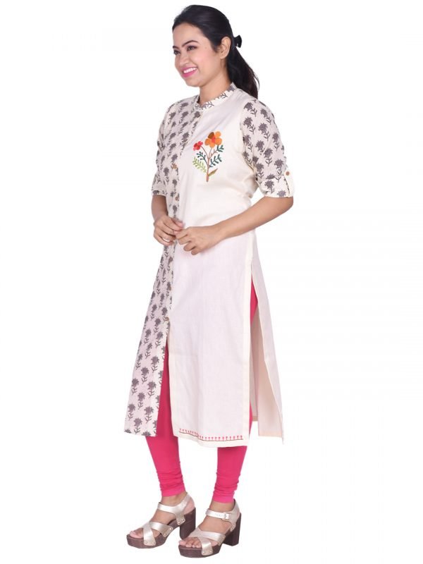 White Embroidered Printed Kurti - Image 2