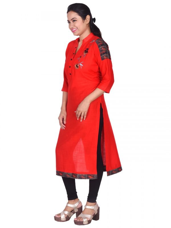 Red Linen Embroidered Kurti - Image 2