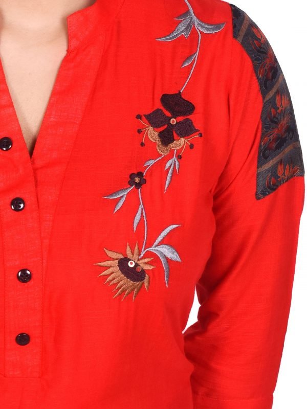 Red Linen Embroidered Kurti - Image 3