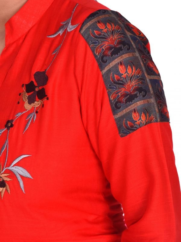 Red Linen Embroidered Kurti - Image 4