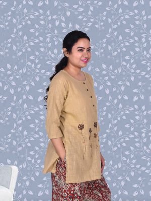 Beige Embroidered Slub Rayon Top