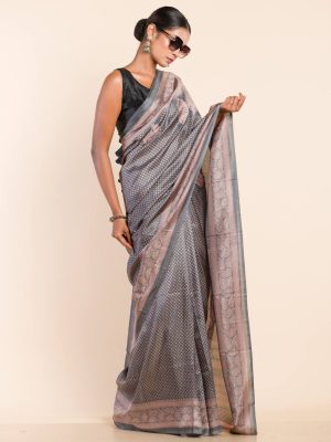 Grey Printed Silk Saree
