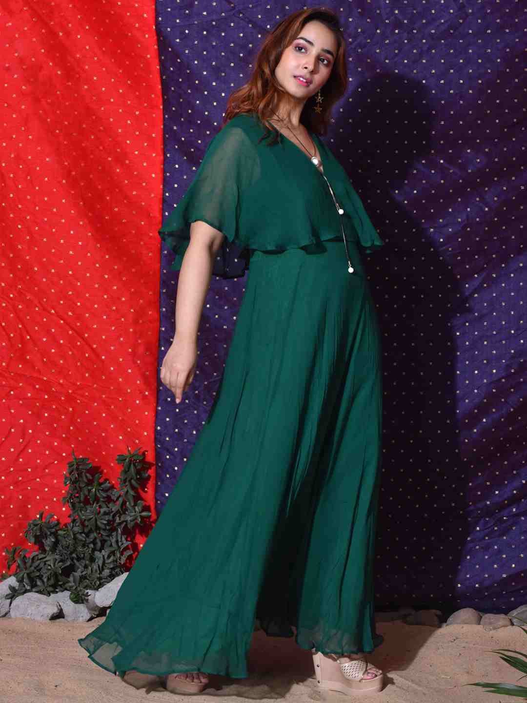 Green Overlap Yoke Gown