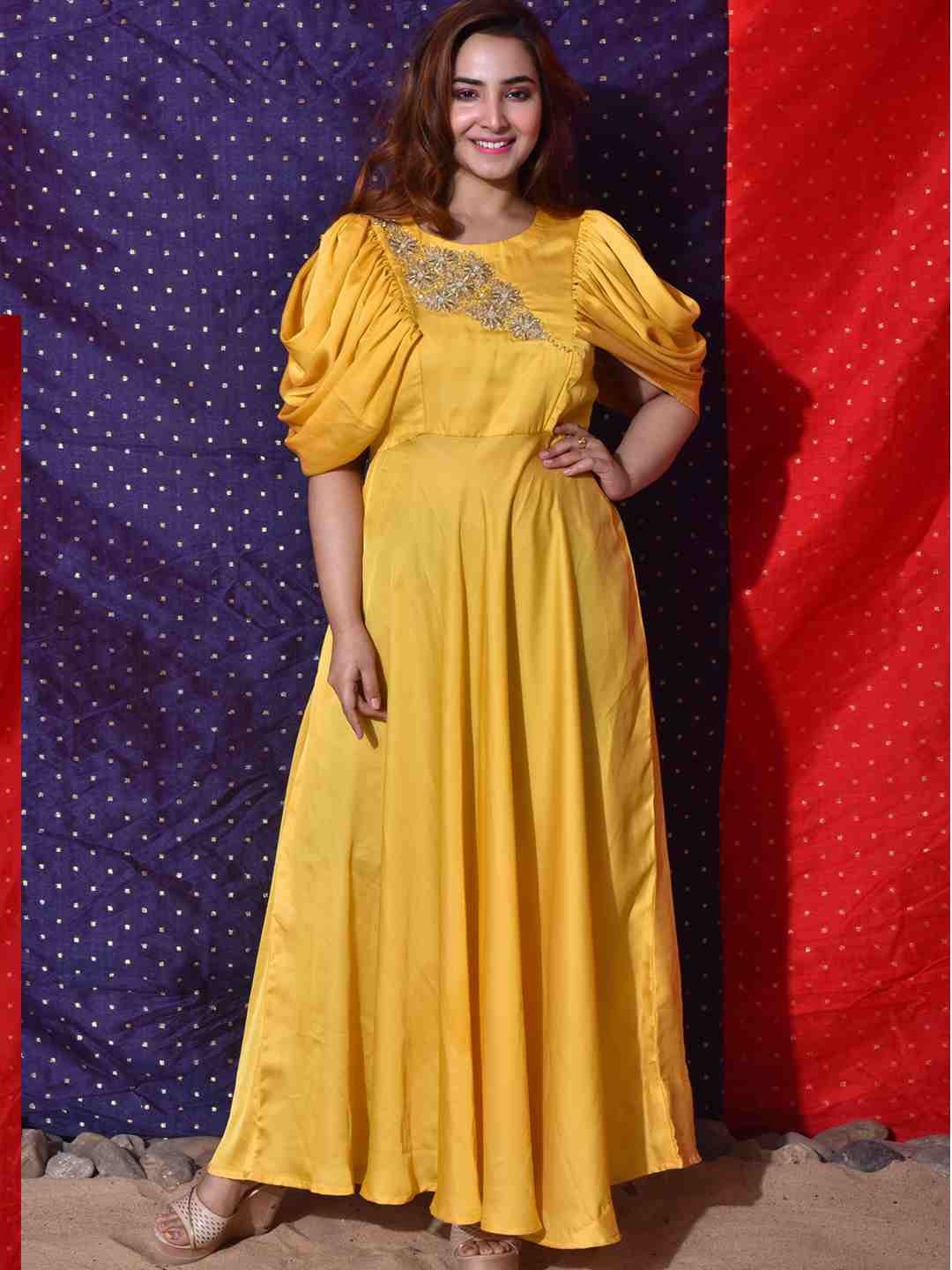 Yellow Draped Sleeves Gown