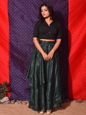 Green Asymmetrical Double Layered Skirt