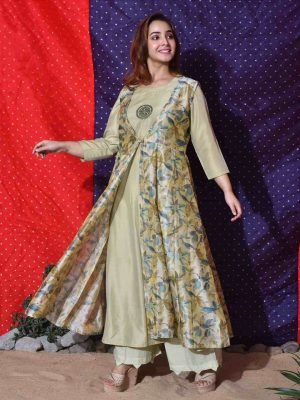 Pista Green Floral Layered Kurta