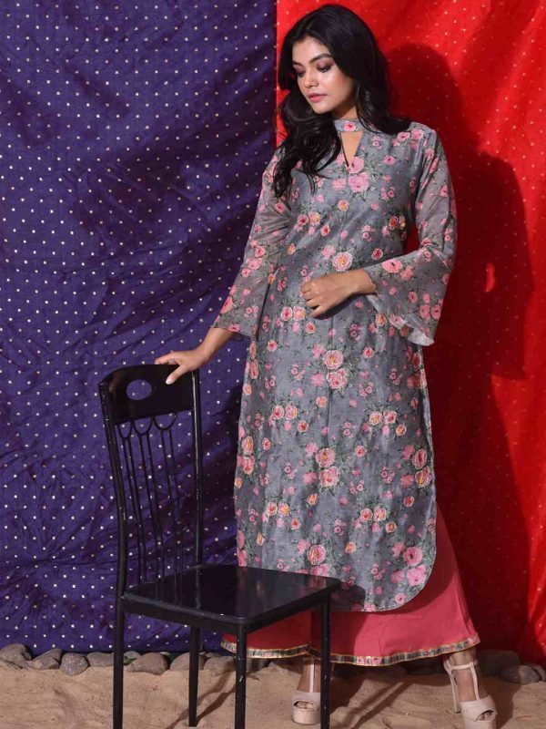 Grey Floral Printed Kurti With Choker Neckline