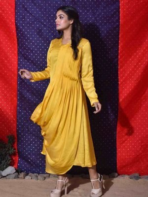 Yellow Front Drape Dress