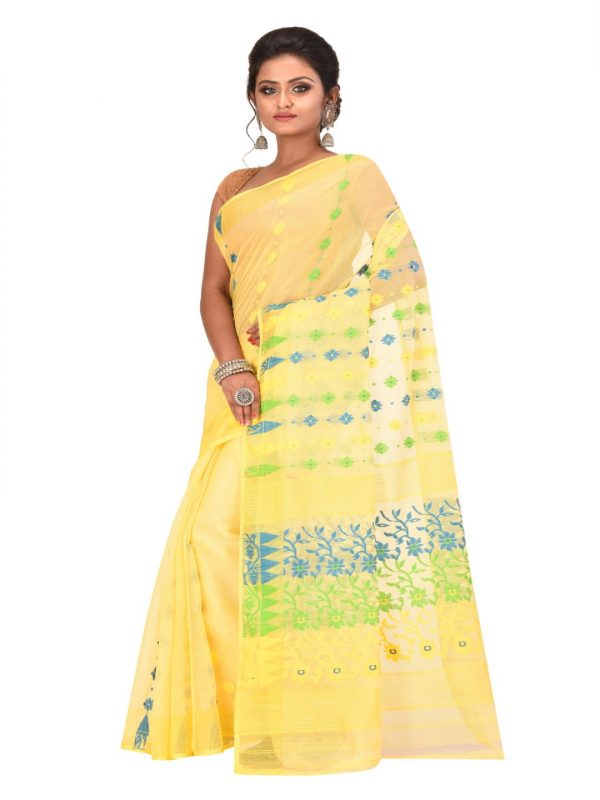 yellow cotton silk dhakai jamdani saree