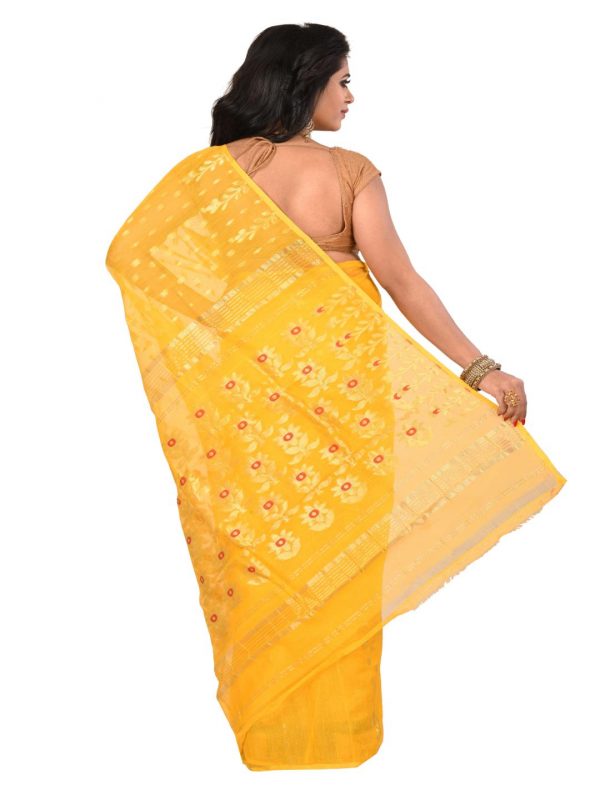 yellow cotton silk dhakai jamdani sari