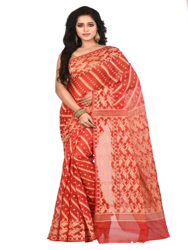 red cotton silk dhakai jamdani sari