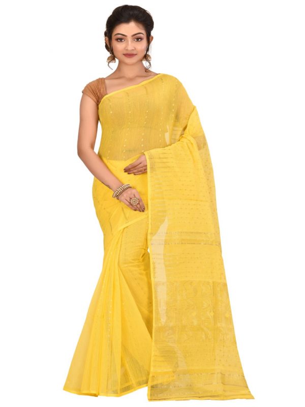 yellow cotton silk dhakai jamdani sari