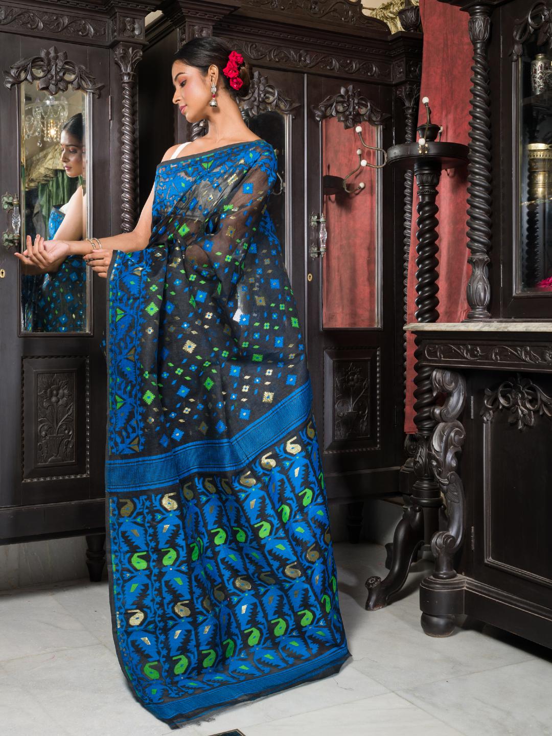 Women's Pure Cotton Dhakai Jamdani Saree (Royal Blue Colour)