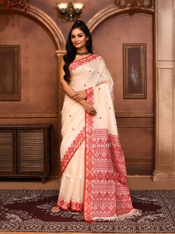 red tussar jamdani saree