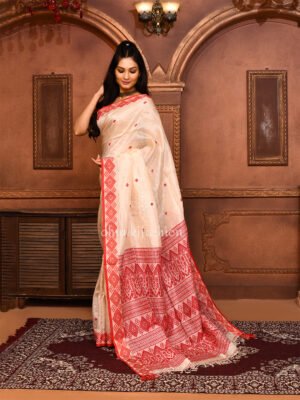 Red Jamdani Tussar Saree