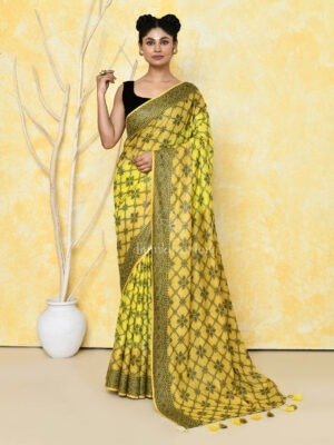 Yellow Mul Cotton Saree